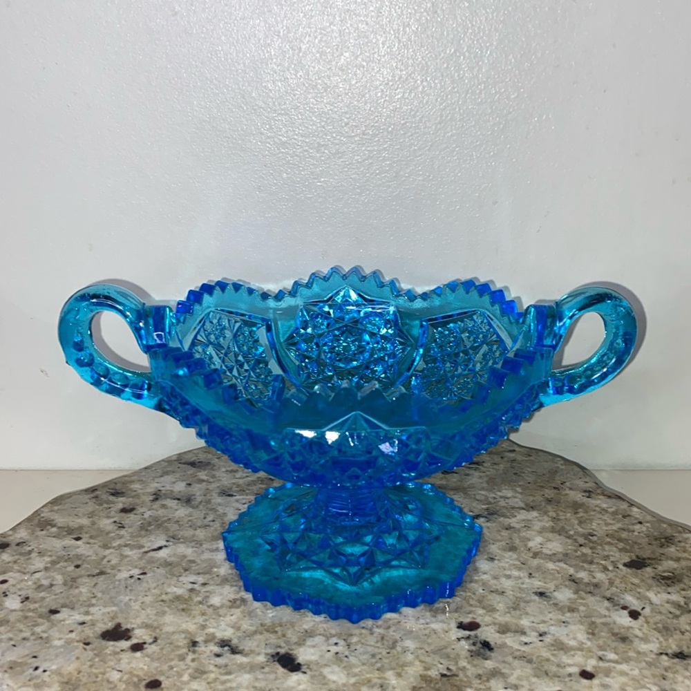 Vintage 1970s Kemple Wheaton Blue Glass Star Sawtooth Edge Handled Pedestal Bowl